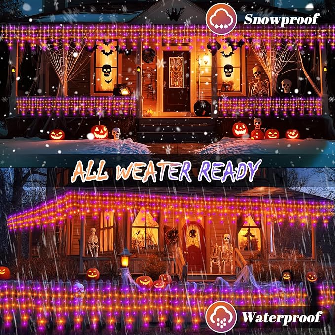 Outdoor String Lights Waterproof Halloween Lights with Timer, 11 Modes for Holiday Party Home Decor (Purpel+Orange, 360LED 32FT)