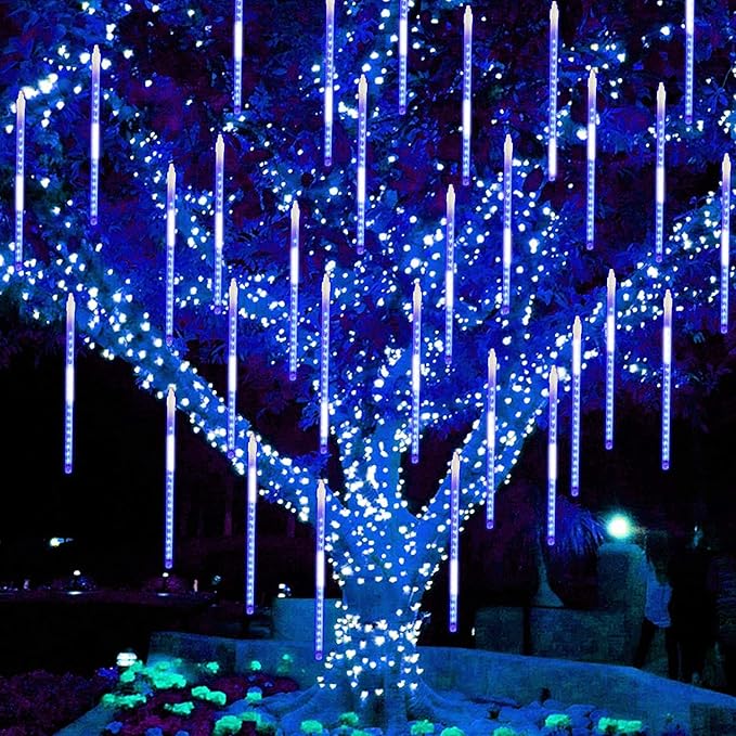 2 Pack Christmas Decorations Lights Outdoor, Extendable Meteor Shower Lights with Timer, Total 384LED 30cm 16 Tubes Indoor Outdoor Rain Light Cascading String Light for Xmas Garden Party Decor (Blue)