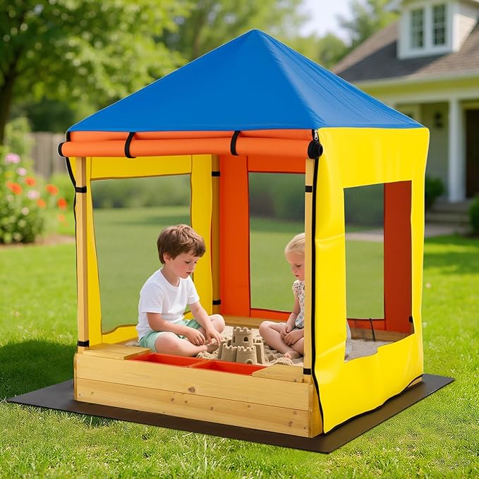Costzon Kids Wooden Sandbox with Canopy, Outdoor Fir Wood Playhouse with Bottom Liner, Roll-up Door Curtains, Bench Seats & Storage Space, Sand Playground for Garden Backyard (Yellow&Blue)