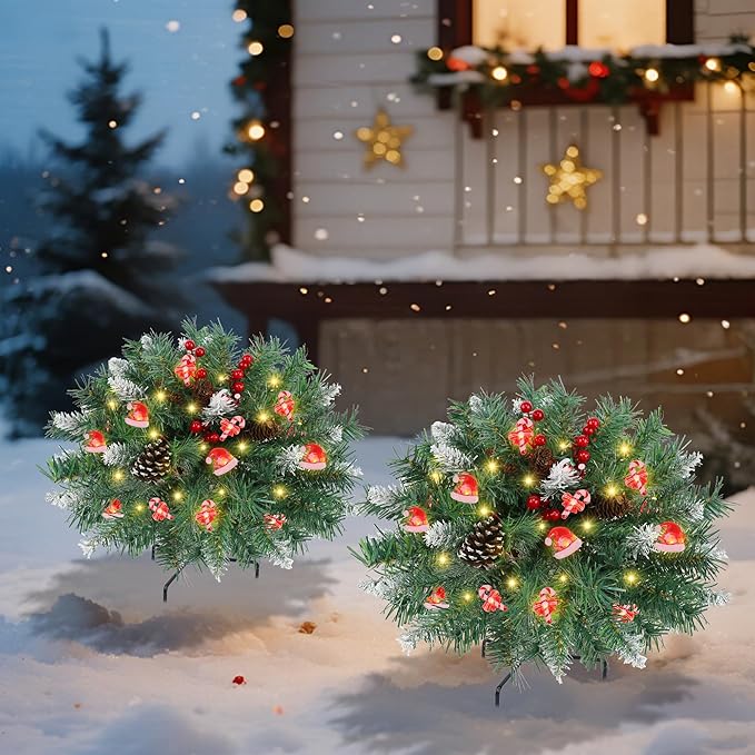 DR.DUDU 15 Inch Outdoor Christmas Decorations Urn Filler for Front Porch- 2 Pack Lighted Christmas Pot Fillers with Stake, Xmas Pine Trees with Timer for Outside Home Décor