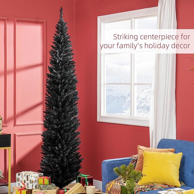 HOMCOM 8' Artificial Pencil Christmas Tree, Slim Xmas Tree with 618 Realistic Branch Tips and Plastic Stand, Black