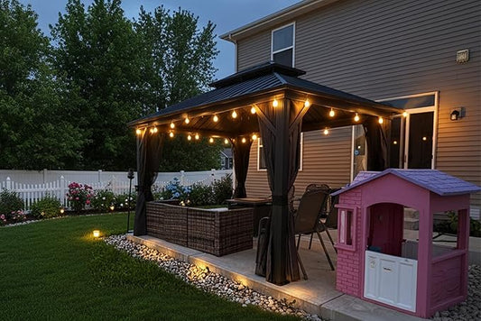 PURPLE LEAF 10'x12' Hardtop Gazebo with Lights UV-Protected Aluminum Double Roof Galvanized Steel Frame Outdoor Patio Gazebo Including Netting and Curtains for Deck Garden Backyard Grey