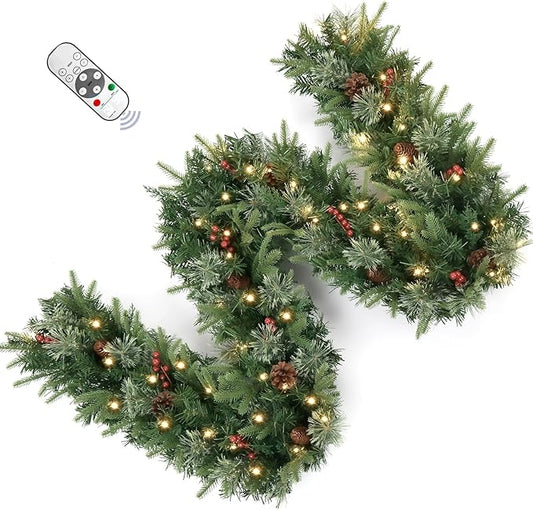 9FT Pre-Lit Artificial Christmas Garland with Dual Color LED Lights and Timer by Remote Control and Batteries Operated, Holiday Decorations, for Indoor Door Home Stairs Fireplaces Wall