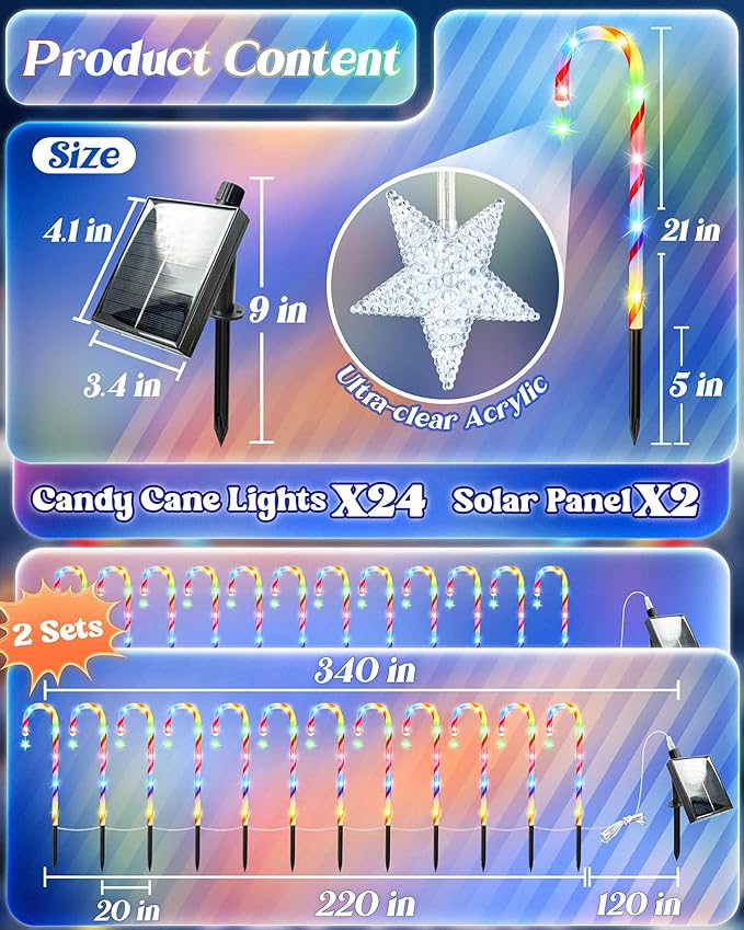 Anordsem Solar Christmas Decorations Outdoor: 21" Candy Cane Stake Lights 24 Pack - Waterproof LED 8 Colorful Lighting Models for Yard Garden Pathway Xmas Decor - 2026 New Year Gifts for Homeowners