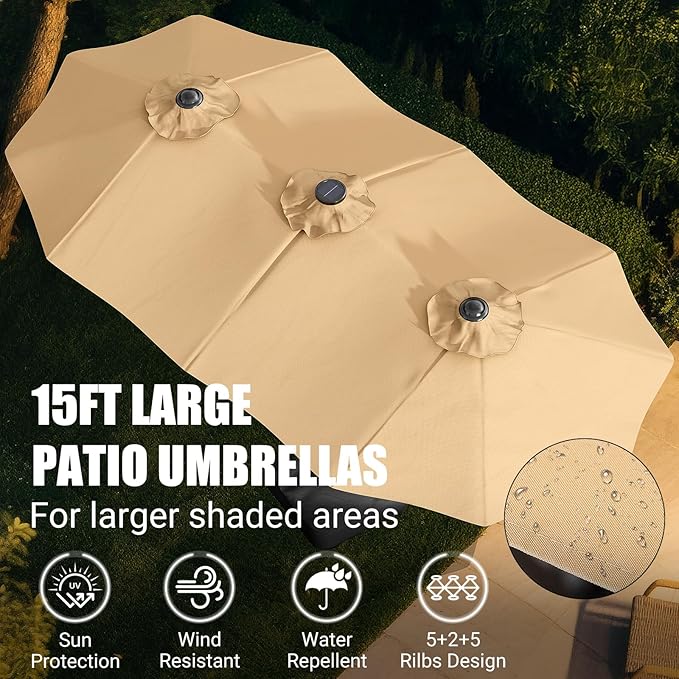 CHABATREE 15FT Rectangle Patio Umbrella with Base & Solar LED Lights - Double-Sided