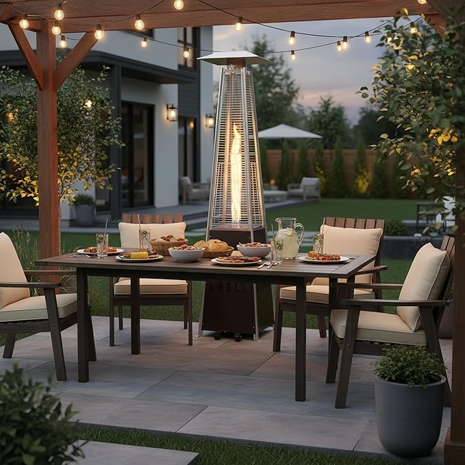 Sundale Pyramid Patio Heater, 48,000 BTU Propane Outdoor Heater with Wheels and Tip-Over Protection, Thickened Glass Tube Patio Heaters for Outdoor Use, Commercial & Residential (Brown)