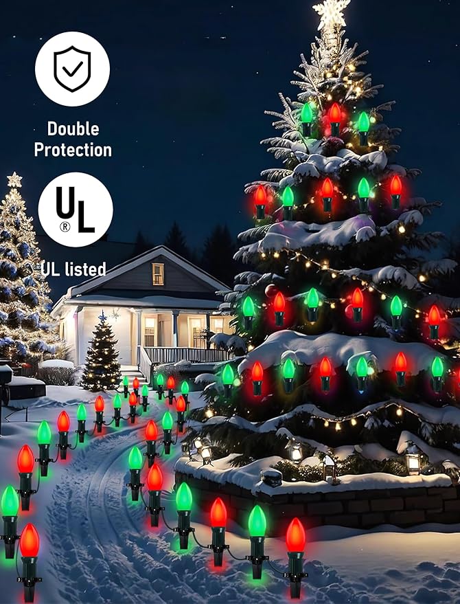25Ft C9 LED Christmas Lights Outdoor, C9 Red and Green Christmas String Lights with 26 LED Shatterproof Bulb, Hanging Vintage Christmas Lights for Patio Xmas Tree Roofline Wedding Party Backyard Decor