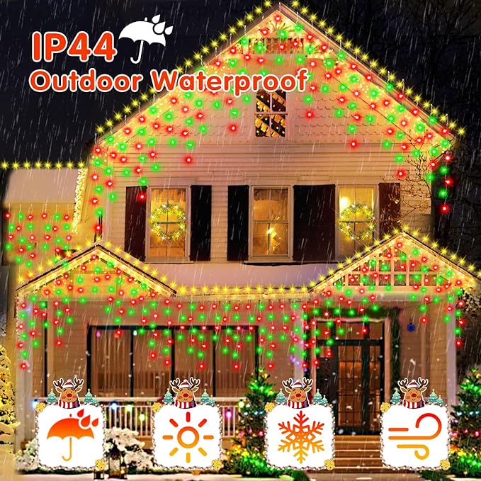 52FT Christmas Lights Outdoor, 512 LED Outdoor String Lights Waterproof Plug in with 8 Modes & Timer, Christmas String Lights for Tree Party, Garden, Holiday Decorations（Red+Green）