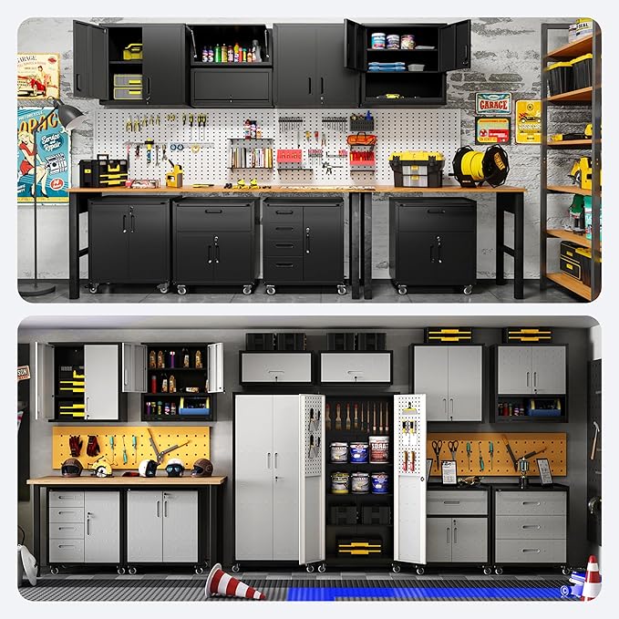 Metal Tool Cabinet,Garage Storage Cabinet System,Wall Cabinet & Locking Rolling Tool Cabinet with Doors and Adjustable Shelves,Steel Tool Cabinets for Home (7 Pcs-StyleA, Black)