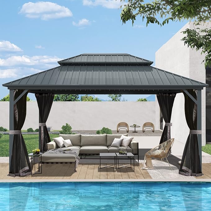 Domi 12’ x 14’ Hardtop Gazebo Canopy Outdoor Aluminum Gazebo, Galvanized Steel Double Roof with Netting for Deck, Backyard, Patio, Garden