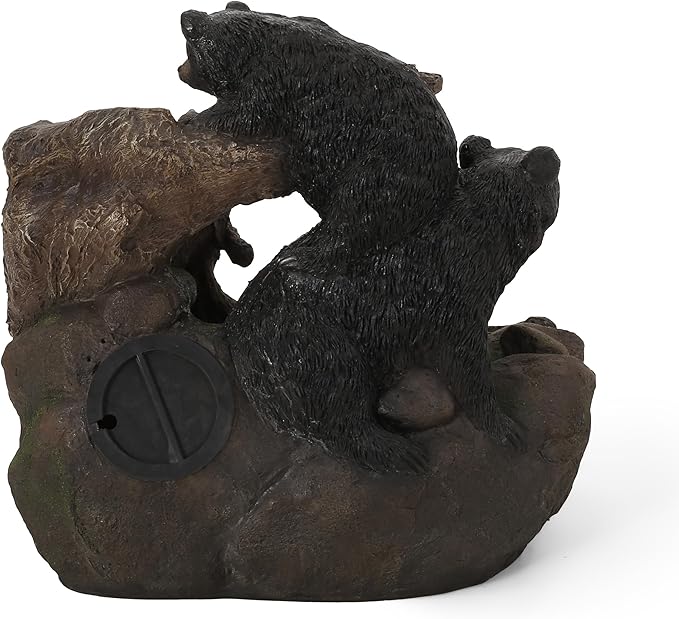 Merax 22" High Bear Log Fountain, Outdoor Weather-Resistant Fountain with LED Lights, 2-Tier Waterfall for Garden or Patio, Light Brown+Black