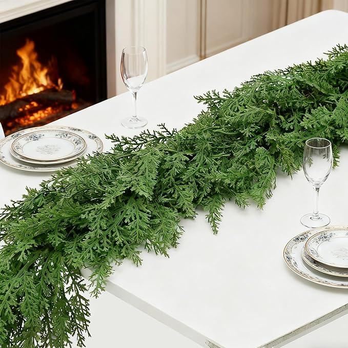 Cedar Christmas Garland for Mantle - 2 PACK Decorations with Lights 9 ft Realistic Lighted Faux Pine Garlands for Xmas Stairs Railing Fireplace Prelit Home Decoration Indoor Outdoor Garland Door Decor