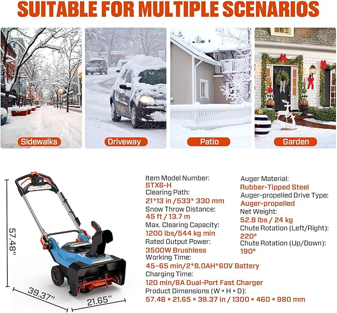 SENIX 60V 21 Auger-propelled Cordless Snow Blower, Steel Auger, 3500W Brushless Motor, Heated Handle,13 Depth, 45FT Throw Distance, LED Lights, 16000mAh Batteries & Dual Port Charger,1200lbs/min