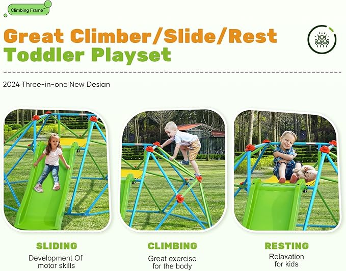 Zupapa Climbing Dome with Slide Max Load 440Lbs, 8FT Jungle Gym Monkey Bar for Backyard, 2 in 1 Outdoor Climbing Frame Toys for Toddlers Playground Set, Geometric Dome Climber for Kids Age 3-8