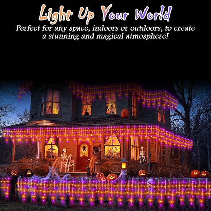 Outdoor String Lights Waterproof Halloween Lights with Timer, 11 Modes for Holiday Party Home Decor (Purpel+Orange, 360LED 32FT)