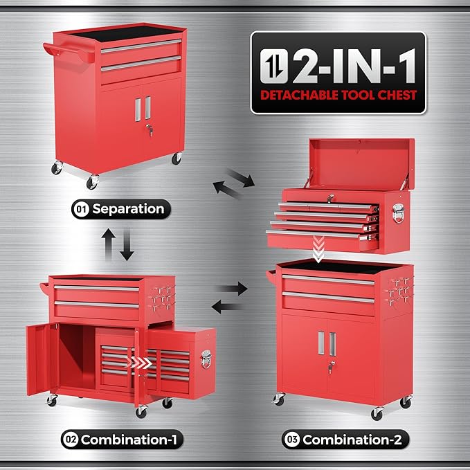 INTERGREAT 8 Rolling Drawers Tool Chest, Assembled Tool Chest with Wheels, Detachable Top Tool Box, Tool Cabinet for Repair Room,Warehouse, Rolling Tool Box with Hooks,Tray Divider,Liners(Red)
