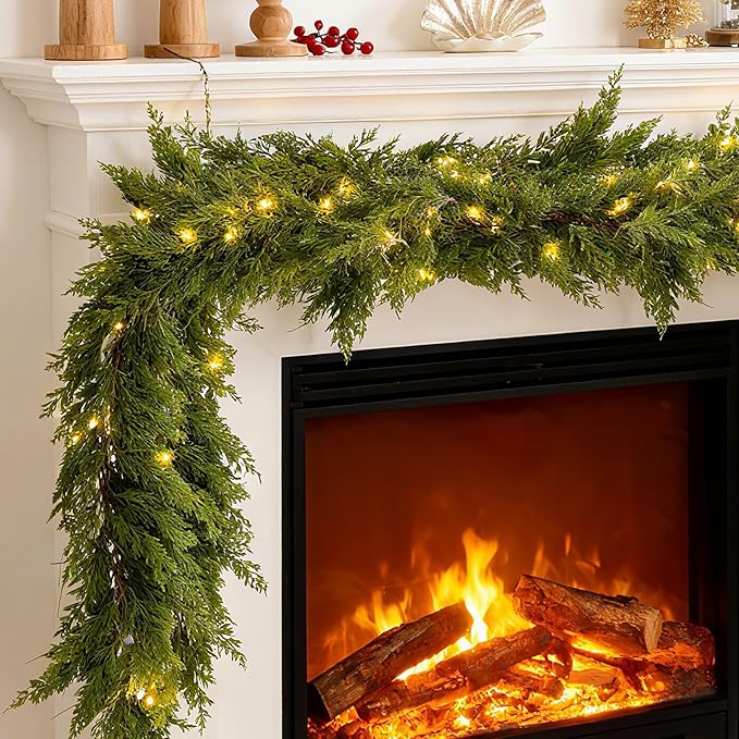 Christmas Cedar Garland with Light Mantle Decor 6ft Realistic Lighted Faux Pine Garlands for Home Decoration Indoor Stairs Railing Fireplace Outdoor 2pcs