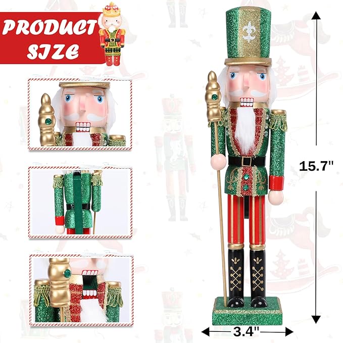 Christmas Nutcracker Decorations Nutcracker Figure 15 Inch Wooden Nutcrackers Collectible Ornament Nutcracker Soldier for Table Desktop Home Christmas Decor Xmas Indoor Decor Green