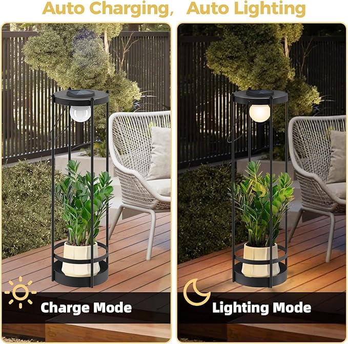 Solar Lights with Plant Stands - Outdoor Solar Floor Lamp, Waterproof Metal Outdoor Lighting for Patio, Yard, Garden, Pathway (35.5" H - 2Pack)
