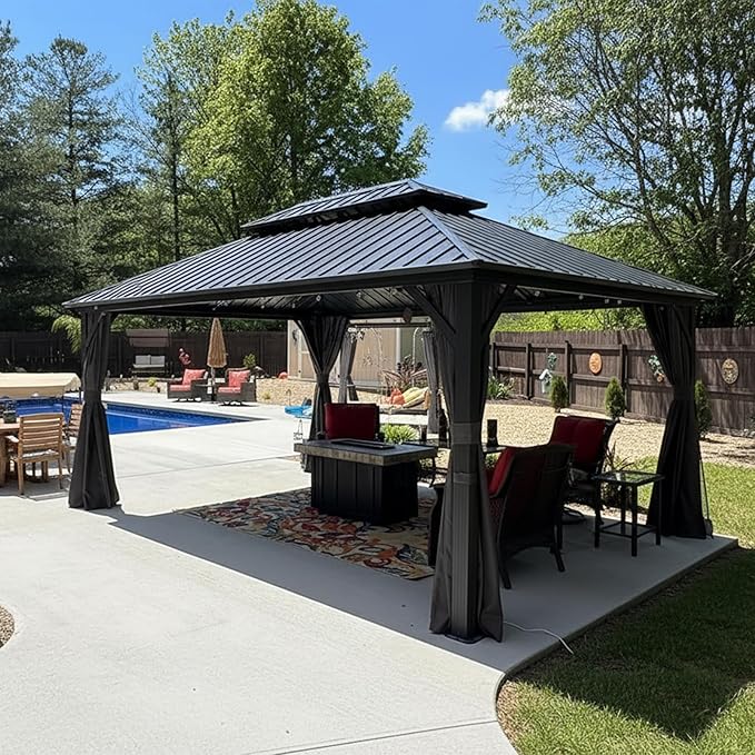 PURPLE LEAF 12' X 16' Permanent Hardtop Gazebo Outdoor Aluminum Gazebo with Heavy Duty Galvanized Steel Double Roof for Patio Lawn Garden Aluminum with Netting and Curtains Grey
