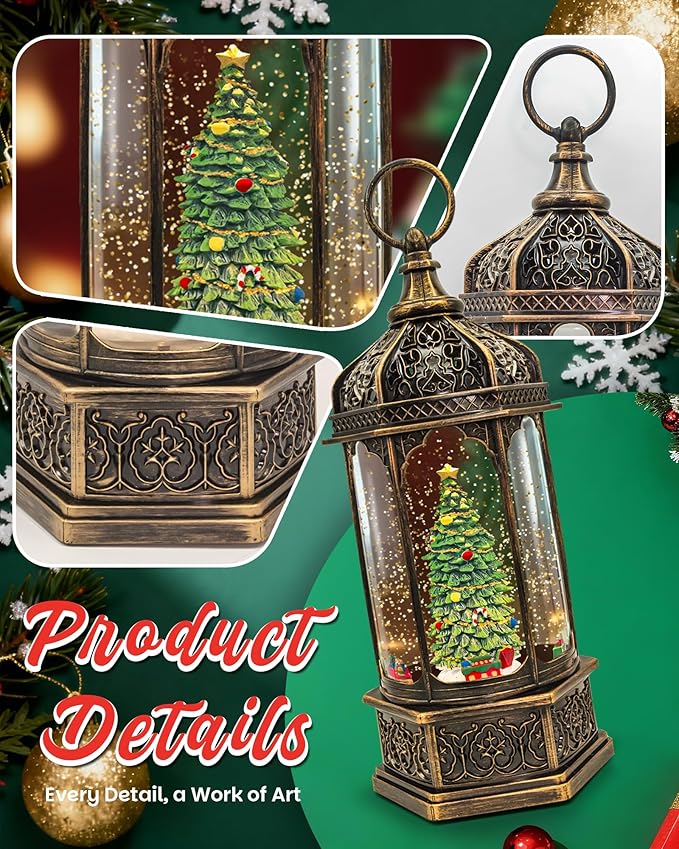 Christmas Snow Globes Light up Lantern with 8 Songs, 13" Christmas Tree & Rotating Train Snow Globe for Kids Adults, 6H Timer & Dual Power, Snowglobes Christmas Decorations Indoor Gifts for Women Men