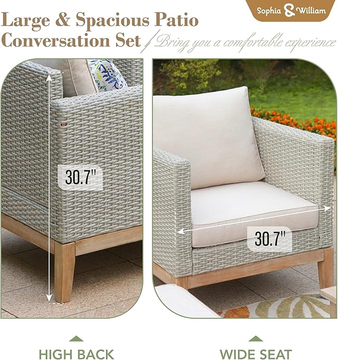 Sophia & William Outdoor Patio Furniture Sets, 5-Piece All-Weather Patio Conversation Set, High Back Wicker Rattan Setional Sofa with Large Single Sofa Chairs, Ottomans & Wooden Coffee Table (Beige)