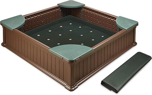 Badger Basket 2 in 1 Sandbox & Garden Planter - Easy Assembly Outdoor Sensory Play and Planting Box - Durable Woodgrain Plastic with Cover & Liner - (48.75 x 48.75 x 12.01)
