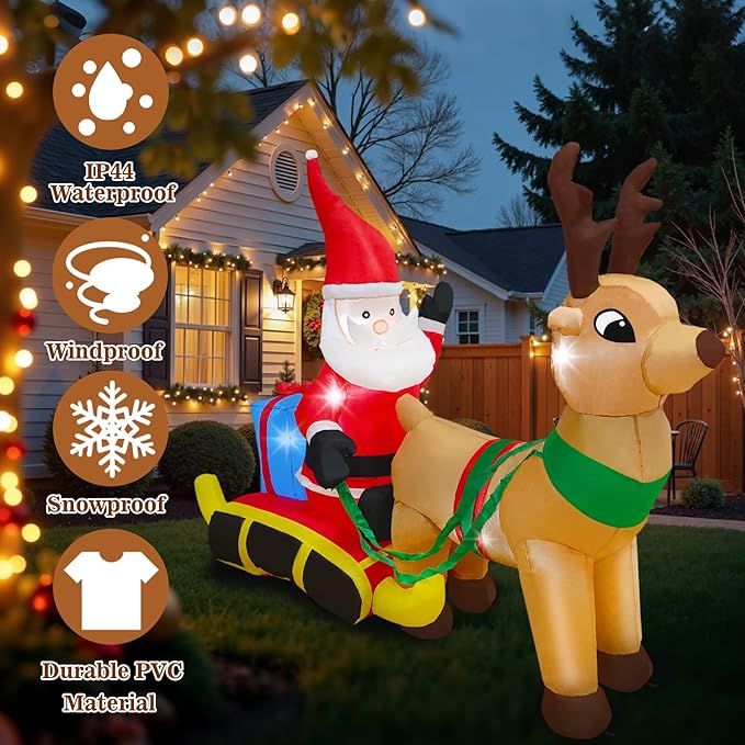 7.2 Ft Length Christmas Inflatable Santa on Reindeer Sleigh Decoration, Durable Blow Up Decoration Built-in LED Light, Christmas Inflatables for Garden Patio Lawn Home Indoor Winter Holiday Party
