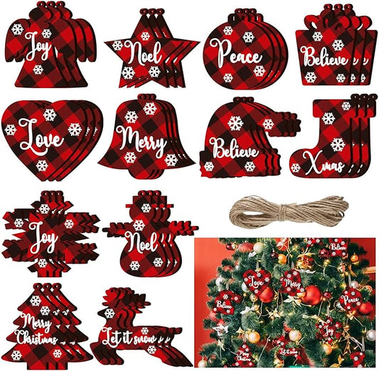 36 Pieces Christmas Buffalo Plaid Ornaments Christmas Tree Wooden Hanging Decor Black and Red Wooden Christmas Ornaments Reindeer Snowman Plaid Christmas Tree Decorations(Multiple Style)