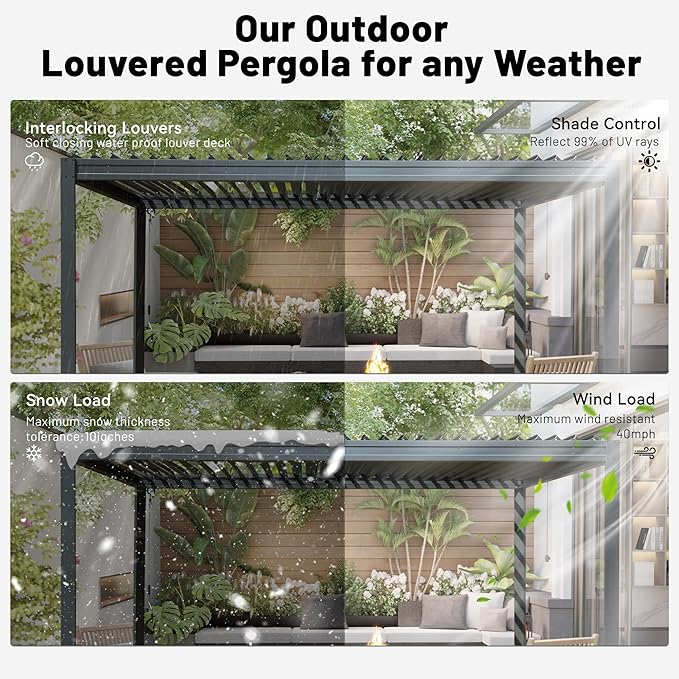 10’ x 13’ Louvered Pergola, Outdoor Pergola Aluminum Frame with Adjustable Rainproof Metal Roof, Permanent Sun Shade with Drainage System for Backyard, Garden and Lawn (Grey)