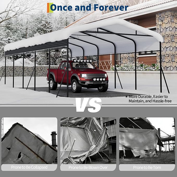 Metal Carport, 13x26 FT Outdoor Carport Canopy with Reinforced Base and Galvanized Steel Roof, Heavy Duty Garage Car Shelter Shade for SUV, Truck, Boats
