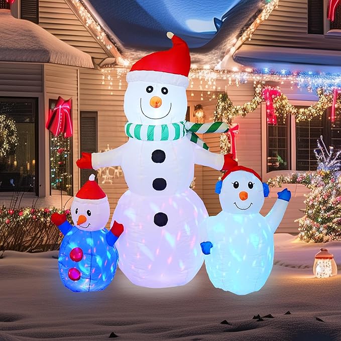 Hourleey 6 FT Christmas Inflatable Snowman Outdoor Decorations, Blow up Snowman Built-in Colorful Rotating LED, Waterproof Christmas Decoration for Yard Garden Lawn Xmas Holiday Decor
