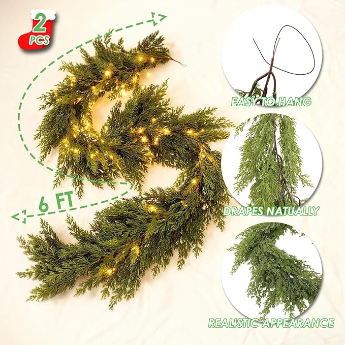 Christmas Cedar Garland with Light Mantle Decor 6ft Realistic Lighted Faux Pine Garlands for Home Decoration Indoor Stairs Railing Fireplace Outdoor 2pcs