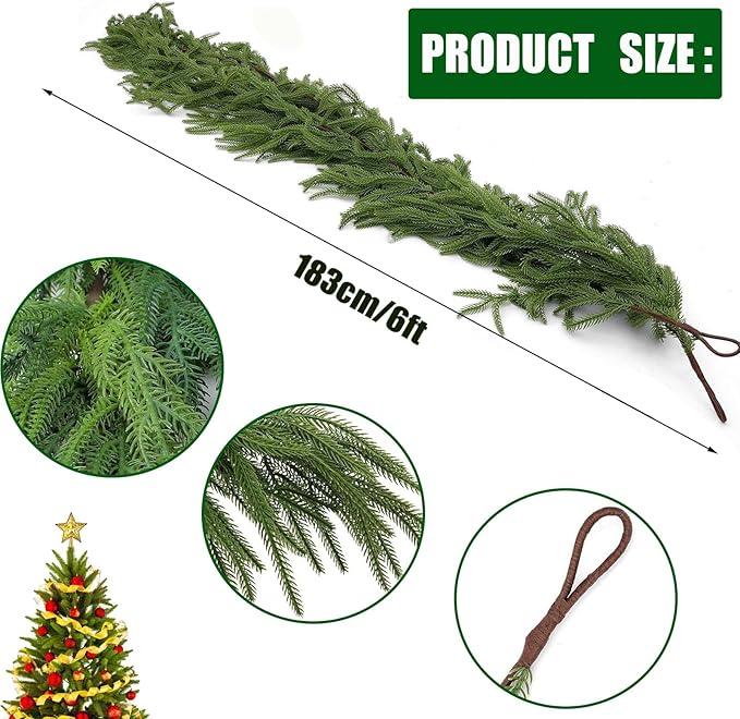 6FT Norfolk Pine Garland, Realistic Touch Winter Xmas Garland, Christmas Decorations Indoor Outdoor, Artificial Holiday Decor Faux Greenery for Mantle, Fireplace, Table,Fireplace Mantel (1)
