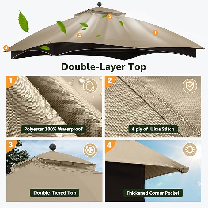 ABCCANOPY Gazebo Replacement Canopy Top for Lowe's Allen Roth #GF-12S004B-1, Khaki