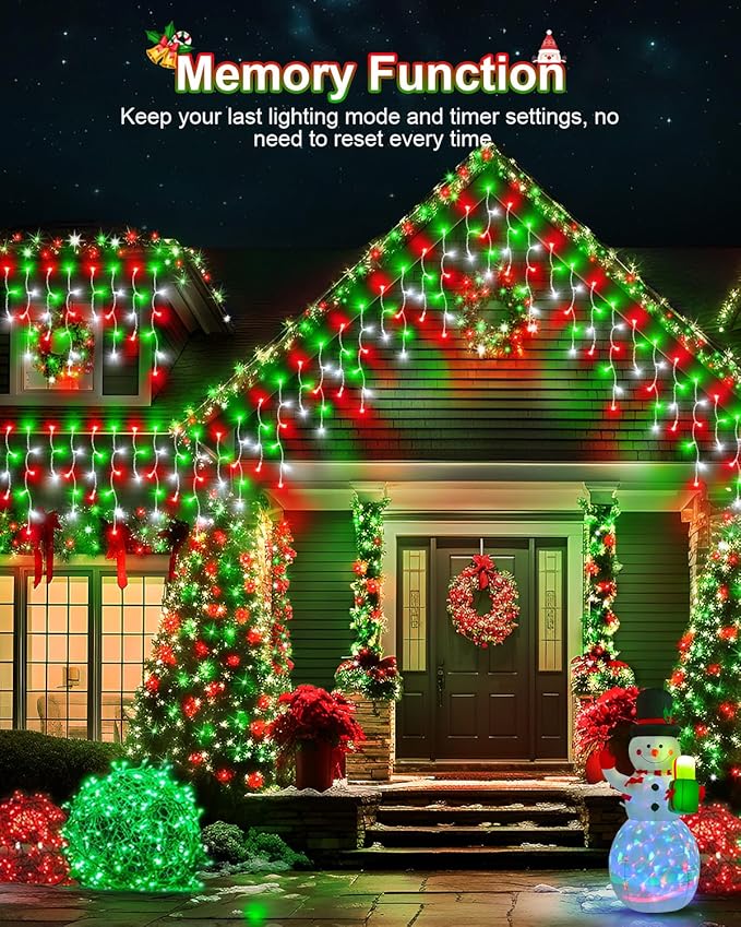 159 FT Christmas Lights Outdoor, 1458 LED Waterproof Outside Christmas Lights Plug in, Timer & Memory, 8 Modes Fairy Lights with 324 Drops for House Eaves Yard Patio Red Green and Cool White