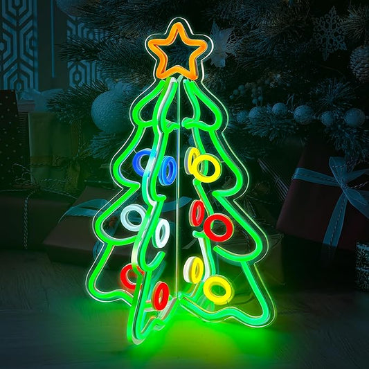 Christmas Tree Neon Light, 3D Acrylic LED Sign with Adjustable Brightness, Holiday Decoration for Home, Office, Parties - 2-Piece Easy Assembly, USB Powered, Indoor & Outdoor Use