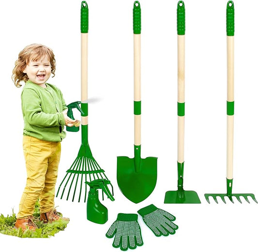 Duckura Kids Gardening Tools Set - 7pcs Garden Tool for Kids with Shovel, Rake, Hoe, Leaf Rake, Outdoor Summer Yard Lawn Digging Weed Toys, Christmas Birthday Gifts for Boys Girls Age 3 4 5 Years Old