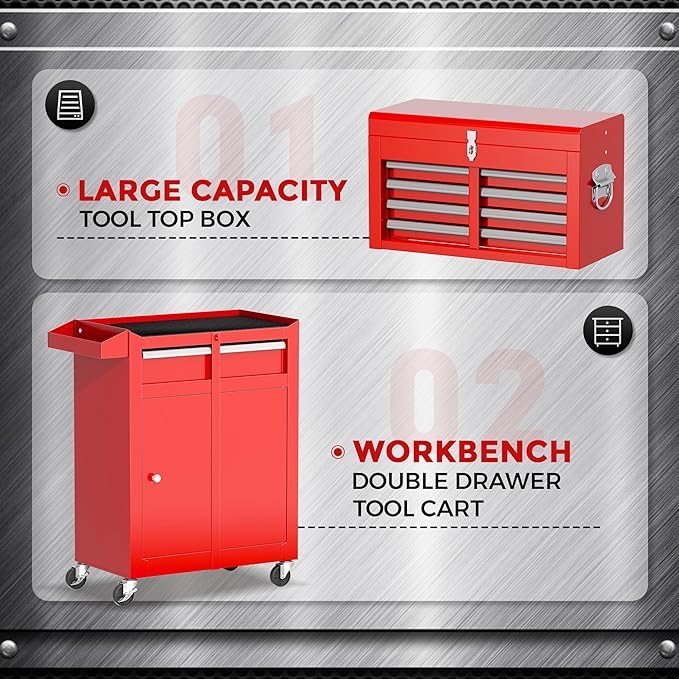 Crownland 5-Drawer Rolling Tool Chest with Wheels, Lockable 2 in 1 Detachable Tool Cabinet wit Drawers and Black Liners, Garage Top Toolbox & Bottom Storage Cart with Side Hooks(Red)