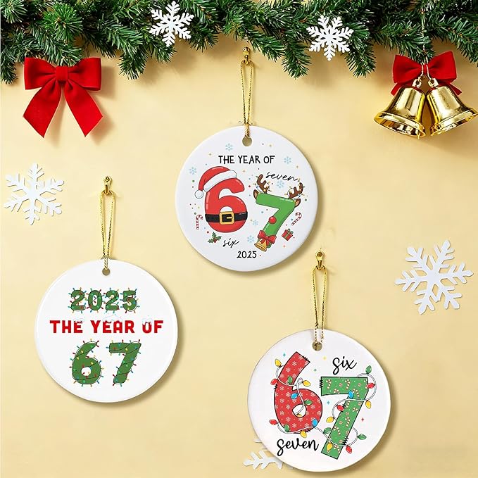 67 Christmas Ornament, Funny 67 Ornament Decor Christmas Tree Hanging Ornaments,Six Seven Ornament, 67 Decorations Meme Grandkid Birthday Gift for Younger Generations (3Pcs)