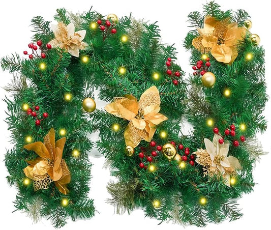 Christmas Garland with Lights, 6 Ft Real Touch Winter Pine Garland, Green Artificial Greenery Garland for Table, Table, Stairs, Door, Christmas Decor for Home Wedding Fireplace Party (One Pack)