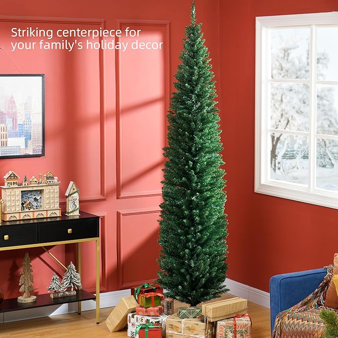 HOMCOM 8' Artificial Pencil Christmas Tree, Slim Xmas Tree with 618 Realistic Branch Tips and Plastic Stand, Green