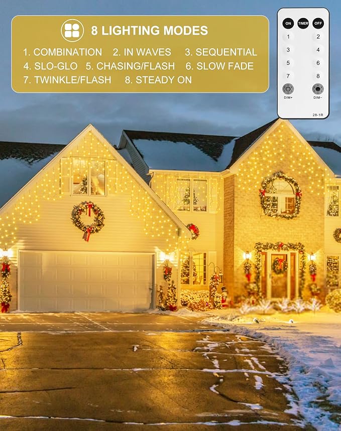 Christmas Icicle Lights Outside 624 LED 59FT Warm White, 96 Drops 2700K Icicle Christmas Lights with Remote/8 Modes/Timer, IP44 Waterproof for Roof Gutter Wedding Holiday Decorations