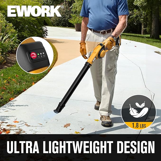 EWORK Mini Cordless Leaf Blower Up to 130CFM/200MPH 21V Small Electric Leaf Blower Cordless with Battery and Charger, 3 Speed Modes, Compact Battery Powered Leaf Blowers for Lawn Care