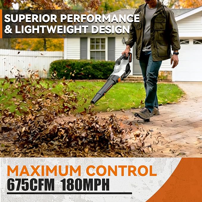 Leaf Blower Cordless, 675CFM Electric Leaf Blowers with 2 x 7.8Ah Batteries and Charger, 3- Speed & Turbo Mode, Equipped with LED Lighting, 1 x Shoulder Strap, Blowers for Lawn Care - SL9501