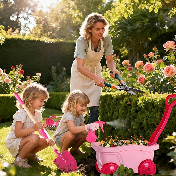 Duckura Kids Gardening Tools Set - 7pcs Wheelbarrow Set for Kids with Shovel, Rake, Leaf Rake, Summer Outdoor Yard Digging Weed Toys, Christmas Birthday Gifts for Boys Girls Age 2 3+ Years Old(Pink)