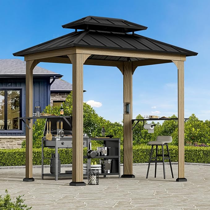 Modern Shade Grill Gazebo 6' X 8', Aluminum BBQ Gazebos with Shelves and Ceiling Hook, Grill Canopy Hardtop with Galvanized Steel Roof, Outdoor Grill Gazebo with Extra-Wide Column Design, Wood-Looking