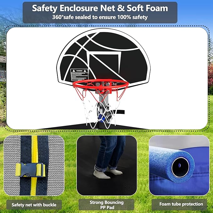 Lyromix Upgraded Trampoline 8FT/10FT/12FT/14FT With Basketball Hoop, Light, Sprinkler, Stakes - Outdoor Backyard for 4-6 Kids and Adults