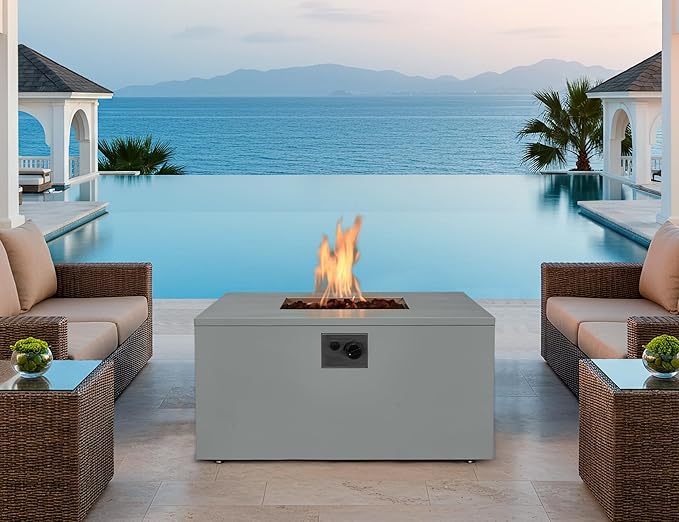 ECOTOUGE 32 Square Propane Fire Pit Table, 50,000 BTU Outdoor Gas Fire Pit with Lid, Steel Fireplace w/Weather-Resistant Pit Cover, Lava Rocks for Patio, CSA Certified, Grey