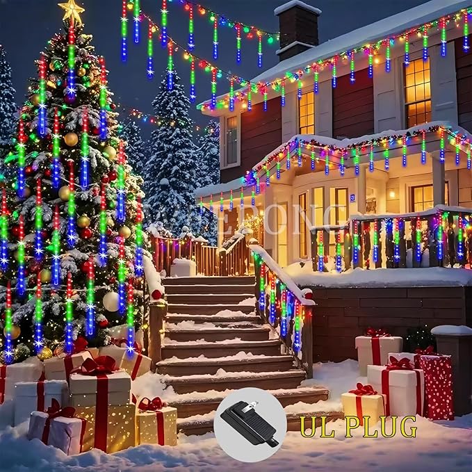 Meteor Shower Lights UL Certified 192LEDs 8 Tubes Falling Rain Drop Christmas Icicle Cascading Lights for Xmas Tree Halloween Decorations Wedding Party Holiday Garden Decor, Multicolor